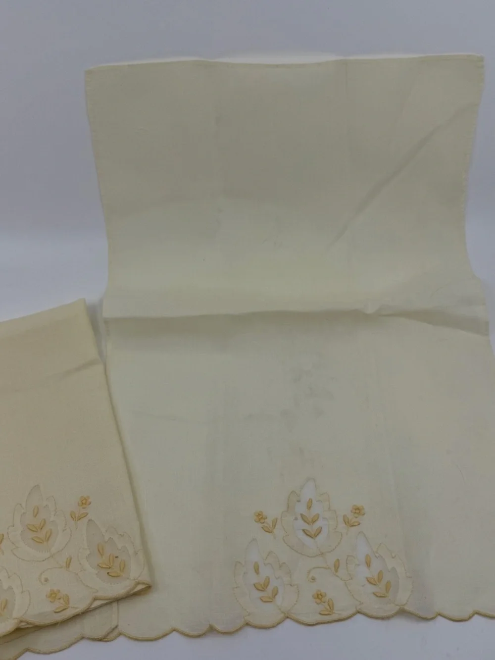Pair Vintage Embroidered Pale Yellow Madeira Linen & Organza Fingertip Towels